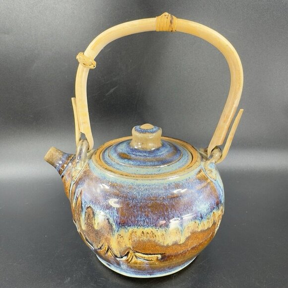 Vintage Pottery Stoneware Teapot Carafe With Wood Handle Drip Glaze Signed Mosia - Picture 8 of 16